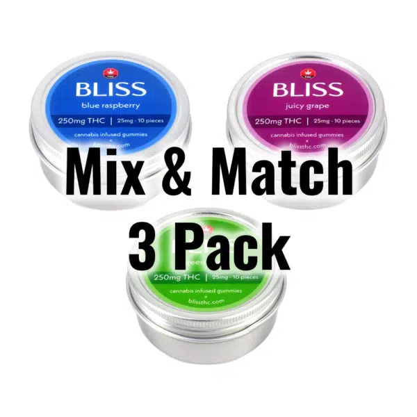 Bliss 3 Pack Gummies, cannabis gummy variety pack, mix and match cannabis gummies, buy cannabis edibles online, premium THC gummies, discreet cannabis shipping, Cannabis Exotic Dispensary gummies, high-quality cannabis edibles, flexible cannabis dosing, cannabis gummy sampler.