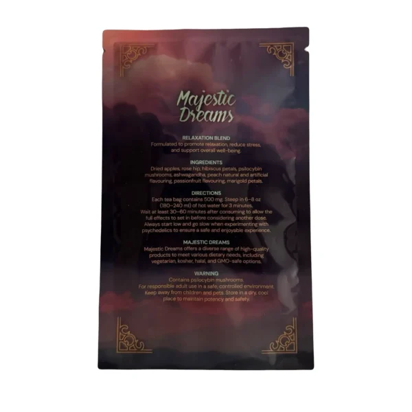 Psilocybin tea, mushroom tea infusion, premium tea blend, discreet tea delivery, trusted dispensary Majestic Dreams Tea, Psilocybin Tea Bag, Mushroom Tea, Premium Tea Infusion, Discreet Shipping, Cannabis Exotic Dispensary