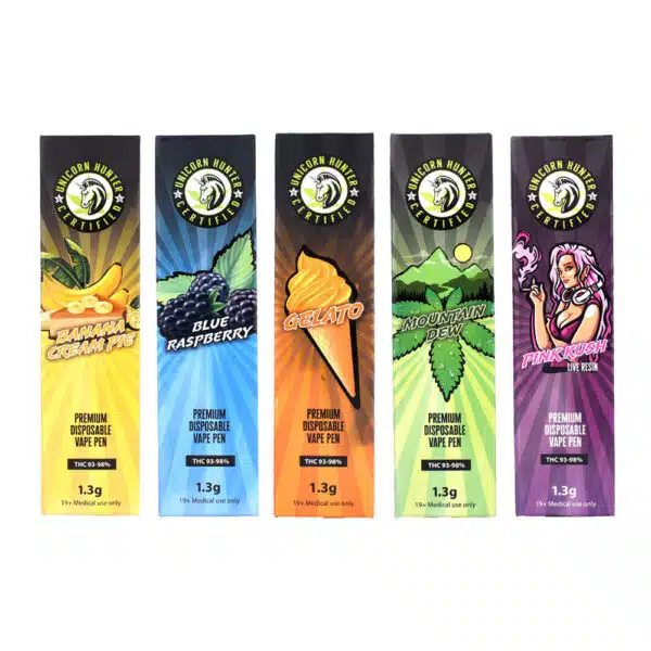 Unicorn Hunter vape, Unicorn Hunter disposable, premium THC disposable vape, 93 percent THC vape, 98 percent THC disposable, 1.3g THC vape pen, high-potency cannabis vape, Cannabis Exotic Dispensary vape, lab-tested THC disposable, terpene-rich vape pen, discreet cannabis shipping, adult-use THC vape,