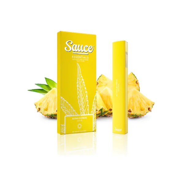 Sauce Essentials Aloha Express disposable, Aloha Express disposable vape, tropical cannabis vape, fruity disposable vape, uplifting disposable vape, pineapple flavored vape pen, draw activated disposable vape, premium cannabis vape, Cannabis Exotic Dispensary vape, CED disposable products, discreet cannabis shipping