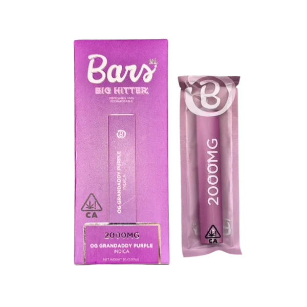 BARS XL OG Grandaddy Purple disposable, OG Grandaddy Purple 2g disposable, Grandaddy Purple vape pen, indica disposable vape, grape flavored cannabis vape, relaxing disposable vape, high potency vape pen, draw activated disposable vape, long lasting disposable vape, premium cannabis vape, Cannabis Exotic Dispensary vape, CED disposable products, discreet cannabis shipping