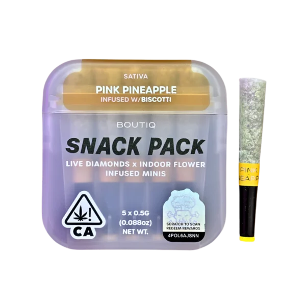 BOUTIQ Snack Pack pre-rolls, Pink Pineapple infused pre-rolls, Biscotti infused pre-roll pack, premium infused pre-rolls, exotic cannabis pre-rolls, boutique cannabis pre-rolls, infused flower pre-rolls, Cannabis Exotic Dispensary pre-rolls, CED infused products, discreet cannabis shipping