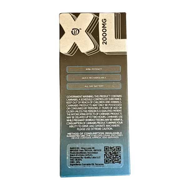 BARS XL King Louis XIII disposable, King Louis XIII 2g disposable, BARS XL new release vape, premium cannabis disposable, indica disposable vape, relaxing disposable vape pen, high potency vape disposable, luxury cannabis vape, draw activated vape, long lasting disposable vape, Cannabis Exotic Dispensary vapes, CED disposable vapes, worldwide shipping cannabis vape