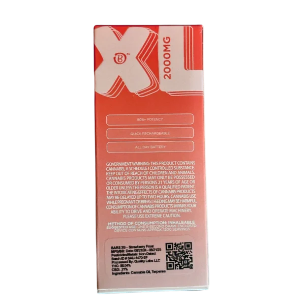 BARS XL Strawberry Frost disposable, Strawberry Frost 2G vape, fruity disposable vape, icy cannabis vape, draw-activated vape pen, long-lasting disposable vape, premium cannabis vape, Cannabis Exotic Dispensary vape, CED disposable products, discreet cannabis shipping