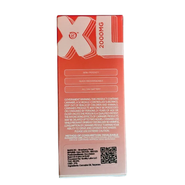 BARS XL Strawberry Frost disposable, Strawberry Frost 2g disposable, strawberry cannabis vape, uplifting disposable vape, fruity cannabis vape, high potency disposable vape, draw activated vape pen, long lasting disposable vape, premium cannabis vape, Cannabis Exotic Dispensary vape, CED disposable products, discreet cannabis shipping