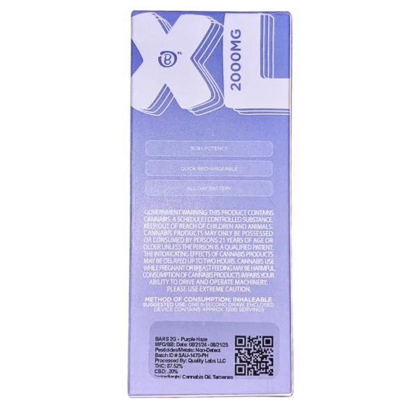 BARS XL Purple Haze disposable, Purple Haze 2g disposable, Purple Haze vape pen, sativa-leaning disposable vape, uplifting cannabis vape, berry flavored vape pen, creative cannabis disposable, draw activated disposable vape, long lasting disposable vape, premium cannabis vape, Cannabis Exotic Dispensary vape, CED disposable products, discreet cannabis shipping