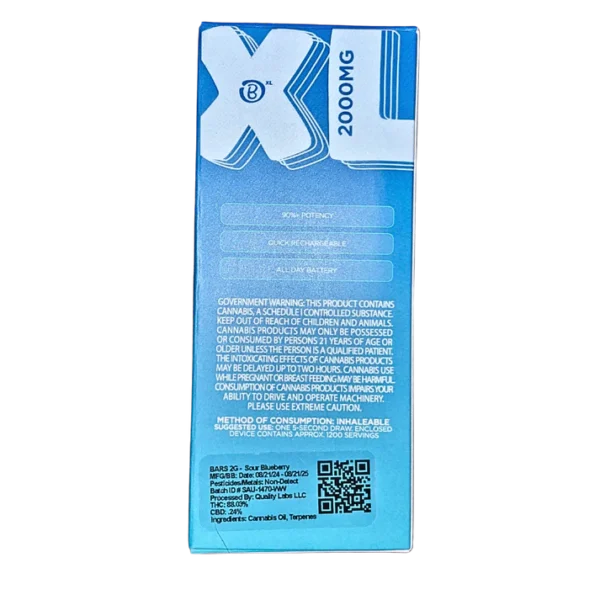 BARS XL Sour Blueberry disposable, Sour Blueberry 2g disposable, sour berry cannabis vape, fruity disposable vape, uplifting cannabis vape, high-capacity disposable vape, draw activated vape pen, long lasting disposable vape, premium cannabis vape, Cannabis Exotic Dispensary vape, CED disposable products, discreet cannabis shipping