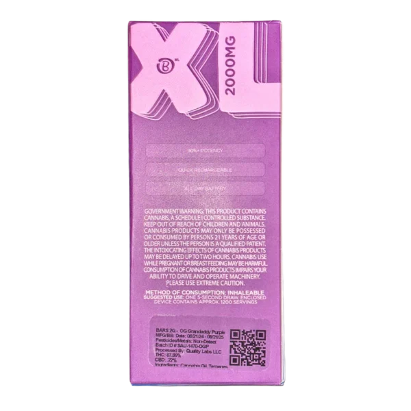 BARS XL OG Grandaddy Purple disposable, OG Grandaddy Purple 2g disposable, Grandaddy Purple vape pen, indica disposable vape, grape flavored cannabis vape, relaxing disposable vape, high potency vape pen, draw activated disposable vape, long lasting disposable vape, premium cannabis vape, Cannabis Exotic Dispensary vape, CED disposable products, discreet cannabis shipping