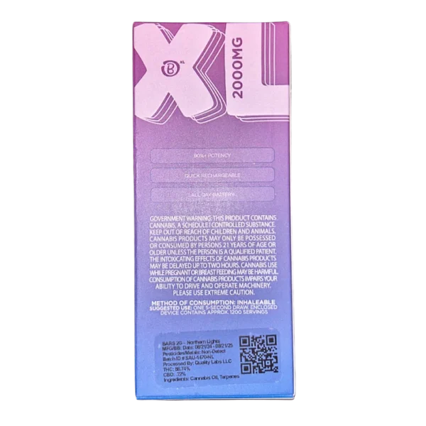 BARS XL Northern Lights disposable, Northern Lights 2g disposable, Northern Lights vape pen, indica disposable vape, relaxing cannabis disposable, classic indica vape, high potency disposable vape, draw activated vape pen, long lasting disposable vape, premium cannabis vape, Cannabis Exotic Dispensary disposable, CED vape products, discreet cannabis shipping