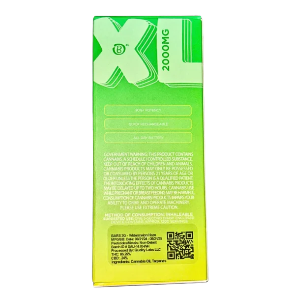 BARS XL disposable, Watermelon Haze disposable, 2g cannabis disposable vape, fruit-flavored vape, premium disposable cannabis, high-capacity vape pen, Cannabis Exotic Dispensary vapes