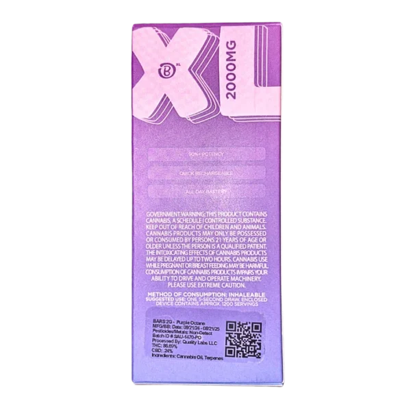 BARS XL Purple Octane disposable, Purple Octane 2g disposable, Purple Octane vape pen, BARS XL new release vape, indica disposable vape, gassy cannabis vape, relaxing disposable vape, high potency vape pen, draw activated disposable vape, long lasting disposable vape, premium cannabis vape, Cannabis Exotic Dispensary vape, CED disposable products, discreet cannabis shipping