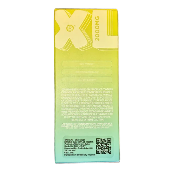 BARS XL disposable, Blue Tangie disposable, 2g cannabis disposable vape, citrus cannabis vape, premium disposable vape, high-capacity vape pen, Cannabis Exotic Dispensary vapes