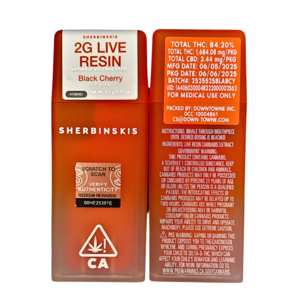 Sherbinski Black Cherry 2G disposable, Black Cherry live resin vape, Sherbinski live resin disposable, premium cannabis vape, fruity hybrid disposable, draw-activated live resin pen, 2G live resin vape, Cannabis Exotic Dispensary vape, CED disposable products, discreet cannabis shipping