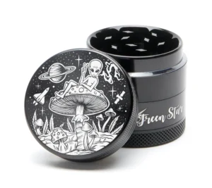 1.5" grinder, 40mm 4-piece grinder, Alien on Mushrooms grinder, CED weed grinder, compact cannabis grinder, kief catcher grinder, psychedelic herb grinder, premium aluminum grinder, collector cannabis accessory