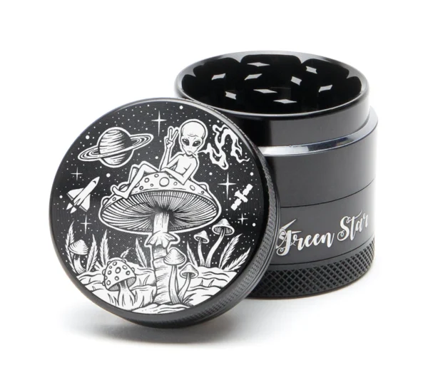 1.5" grinder, 40mm 4-piece grinder, Alien on Mushrooms grinder, CED weed grinder, compact cannabis grinder, kief catcher grinder, psychedelic herb grinder, premium aluminum grinder, collector cannabis accessory