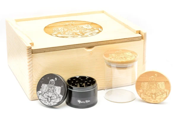astronaut stash box, space themed stash box, cannabis storage box, weed stash box, smell resistant stash box, premium stash box, cannabis accessories CED, discreet cannabis storage, stash box set, astronaut moon design, cosmic stash box, lifestyle cannabis accessory, travel stash box, modern stash box