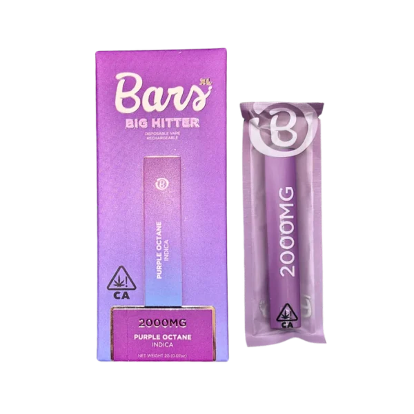 BARS XL Purple Octane disposable, Purple Octane 2g disposable, Purple Octane vape pen, BARS XL new release vape, indica disposable vape, gassy cannabis vape, relaxing disposable vape, high potency vape pen, draw activated disposable vape, long lasting disposable vape, premium cannabis vape, Cannabis Exotic Dispensary vape, CED disposable products, discreet cannabis shipping