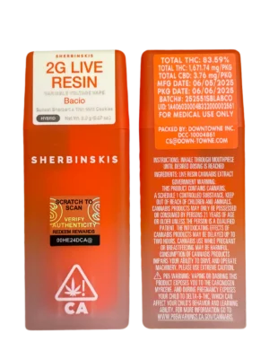 Sherbinskis Bacio 2G disposable, Bacio live resin vape, Sherbinskis live resin disposable, premium cannabis vape, dessert cannabis disposable, draw-activated live resin pen, 2g live resin disposable, hybrid cannabis vape, Cannabis Exotic Dispensary vape, CED disposable products, discreet cannabis shipping