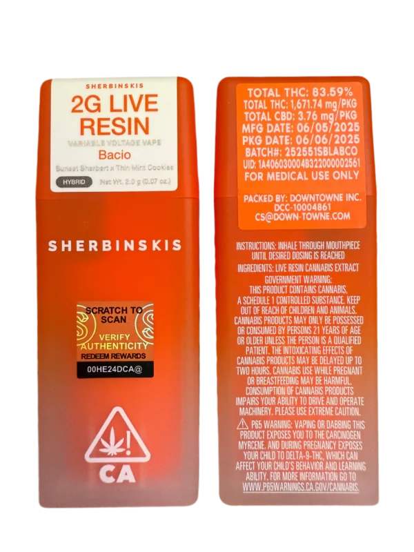 Sherbinskis Bacio 2G disposable, Bacio live resin vape, Sherbinskis live resin disposable, premium cannabis vape, dessert cannabis disposable, draw-activated live resin pen, 2g live resin disposable, hybrid cannabis vape, Cannabis Exotic Dispensary vape, CED disposable products, discreet cannabis shipping