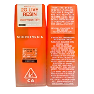 Sherbinskis Watermelon Taffy 2G disposable, Watermelon Taffy live resin vape, Sherbinskis live resin disposable, premium cannabis vape, fruity hybrid disposable, draw-activated live resin pen, 2G live resin vape, hybrid cannabis disposable, Cannabis Exotic Dispensary vape, CED disposable products, discreet cannabis shipping