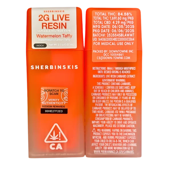 Sherbinskis Watermelon Taffy 2G disposable, Watermelon Taffy live resin vape, Sherbinskis live resin disposable, premium cannabis vape, fruity hybrid disposable, draw-activated live resin pen, 2G live resin vape, hybrid cannabis disposable, Cannabis Exotic Dispensary vape, CED disposable products, discreet cannabis shipping