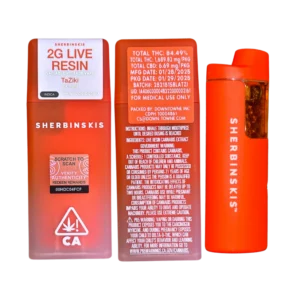 Sherbinski Taziki 2G disposable, Taziki 2G live resin vape, fruity live resin disposable, high potency disposable vape, premium cannabis vape, draw activated live resin pen, 2G live resin disposable, Cannabis Exotic Dispensary vape, CED disposable products, discreet cannabis shipping