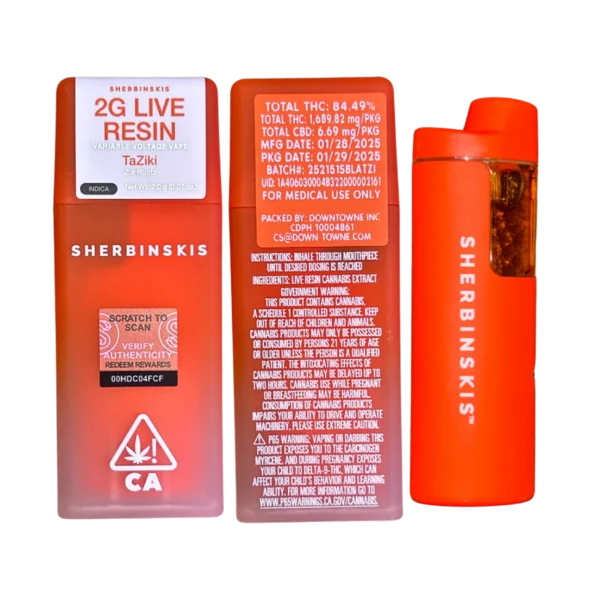 Sherbinski Taziki 2G disposable, Taziki 2G live resin vape, fruity live resin disposable, high potency disposable vape, premium cannabis vape, draw activated live resin pen, 2G live resin disposable, Cannabis Exotic Dispensary vape, CED disposable products, discreet cannabis shipping