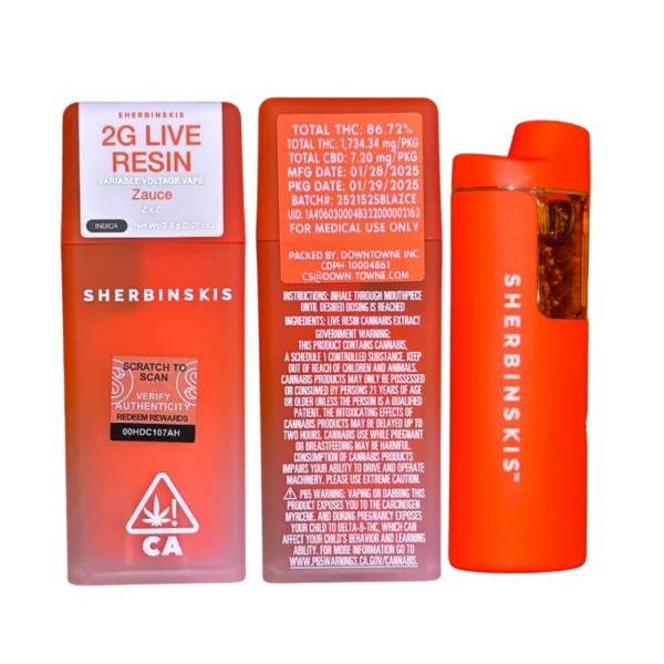 Sherbinski SF-Z 2G disposable, SF-Z live resin vape, high potency disposable vape, fruity cannabis vape, premium live resin pen, draw activated disposable vape, 2G live resin disposable, Cannabis Exotic Dispensary vape, CED disposable products, discreet cannabis shipping