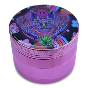 Trippy Lazer Cat grinder, melting art cannabis grinder, CED weed grinder, psychedelic herb grinder, premium cannabis accessory, portable weed grinder, high-quality grinder, artistic grinder, smooth grind cannabis accessory