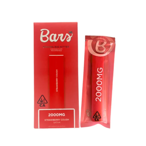 BARS XL Strawberry Cough disposable, Strawberry Cough 2g disposable vape pen, fruity cannabis vape, uplifting disposable vape, sativa disposable vape, sweet strawberry vape pen, draw activated vape pen, long lasting disposable vape, premium cannabis vape, Cannabis Exotic Dispensary vape, CED disposable products, discreet cannabis shipping