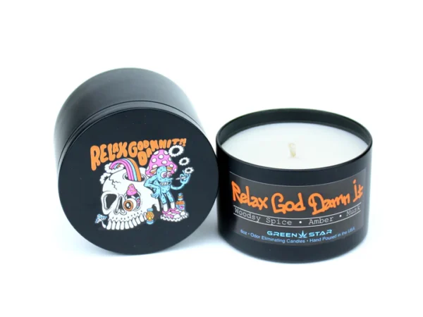 Relax Woody Spice candle, 6oz soy candle, odor eliminating candle, CED scented candle, premium home fragrance, eco-friendly candle, made in USA candle, cannabis-friendly aromatherapy, long-lasting soy candle