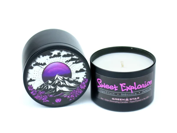Sweet Explosion candle, 6oz soy candle, odor eliminating candle, CED scented candle, fruity home fragrance, dessert-inspired candle, cannabis-friendly aromatherapy, long-lasting soy candle, eco-friendly scented candle